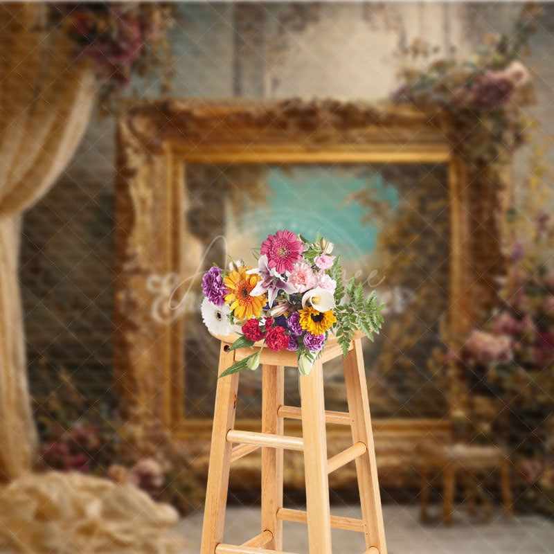 Aperturee - Aperturee Ornate Gold Frame in Palace Photography Backdrop Royal Baroque Wedding Decor Luxury Photo Background