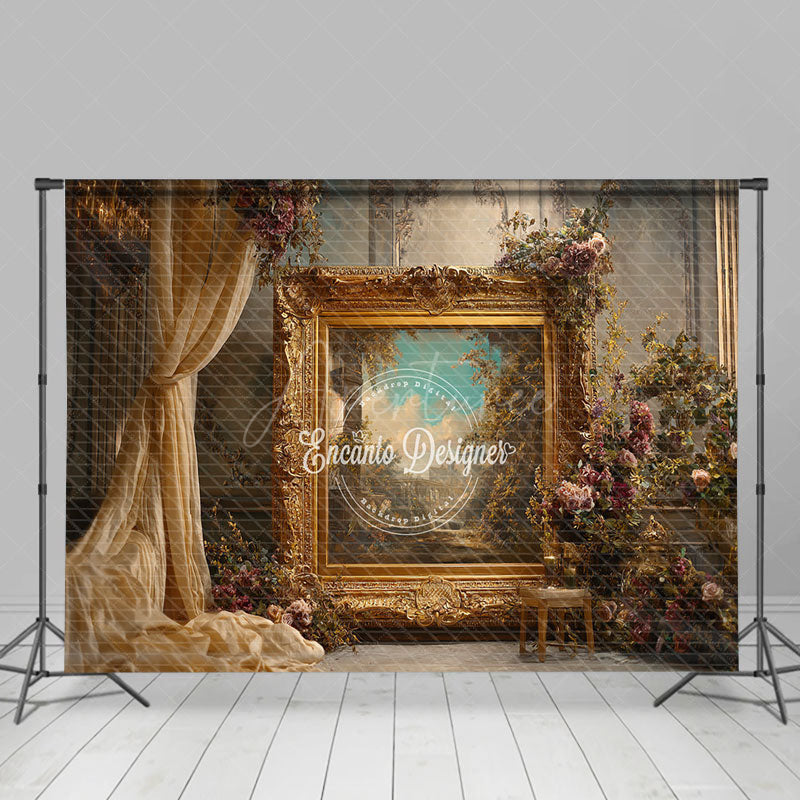 Aperturee - Aperturee Ornate Gold Frame in Palace Photography Backdrop Royal Baroque Wedding Decor Luxury Photo Background