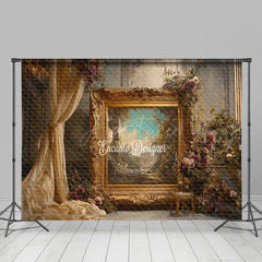 Aperturee - Aperturee Ornate Gold Frame in Palace Photography Backdrop Royal Baroque Wedding Decor Luxury Photo Background