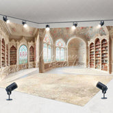 Aperturee - Aperturee Ornate Vintage Library Room Set Backdrop Elegant Arched Windows and Bookshelves Photo Background