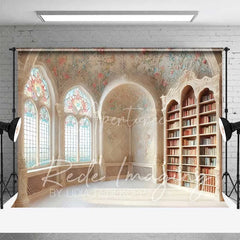 Aperturee - Aperturee Ornate Vintage Library Room Set Backdrop Elegant Arched Windows and Bookshelves Photo Background