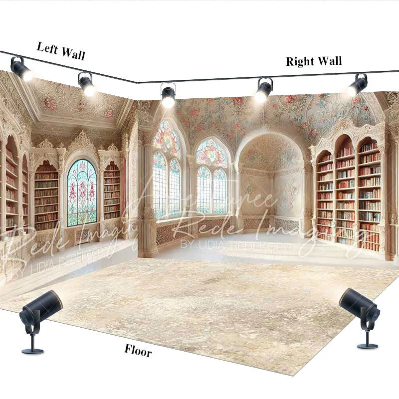 Aperturee - Aperturee Ornate Vintage Library Room Set Backdrop Elegant Arched Windows and Bookshelves Photo Background
