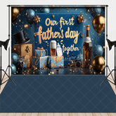 Aperturee - Aperturee Our First Fathers Day Together Combo Set Backdrop Navy Blue and Gold Balloons Beer Bottle Photography Background