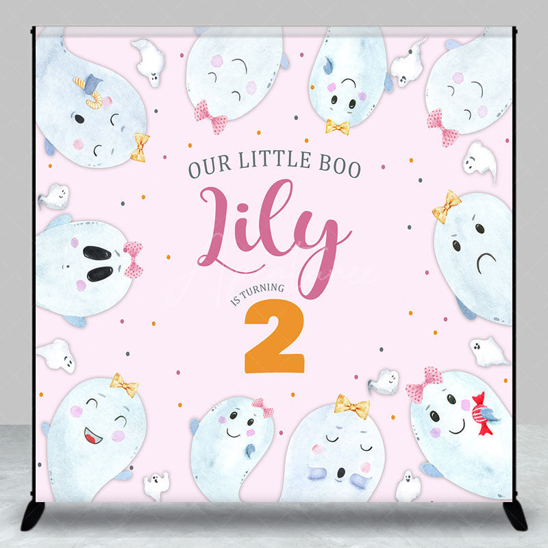 Aperturee Aperturee Our Little Boo is Turning Two Custom Backdrop Cute Ghost Second Birthday Pink Halloween Themed Party Banner