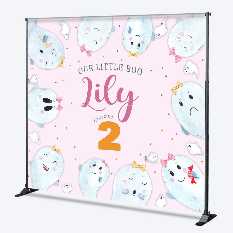 Aperturee Aperturee Our Little Boo is Turning Two Custom Backdrop Cute Ghost Second Birthday Pink Halloween Themed Party Banner