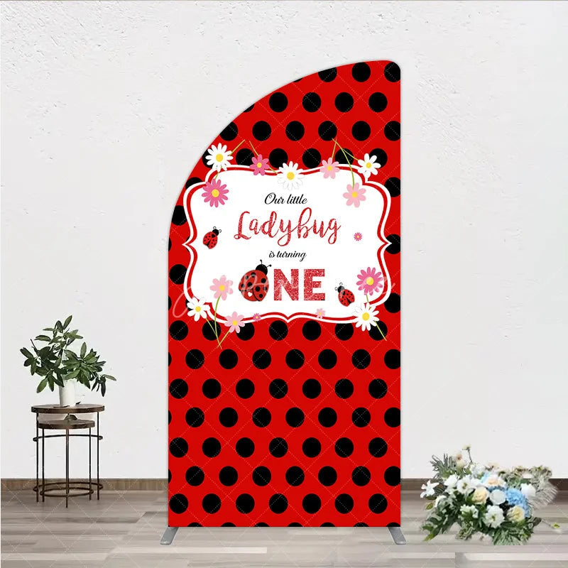Aperturee - Aperturee Our Little Ladybug is Turning One Half Moon Arch Backdrop Red and Black Polka Dot First Birthday Cute Insect Party