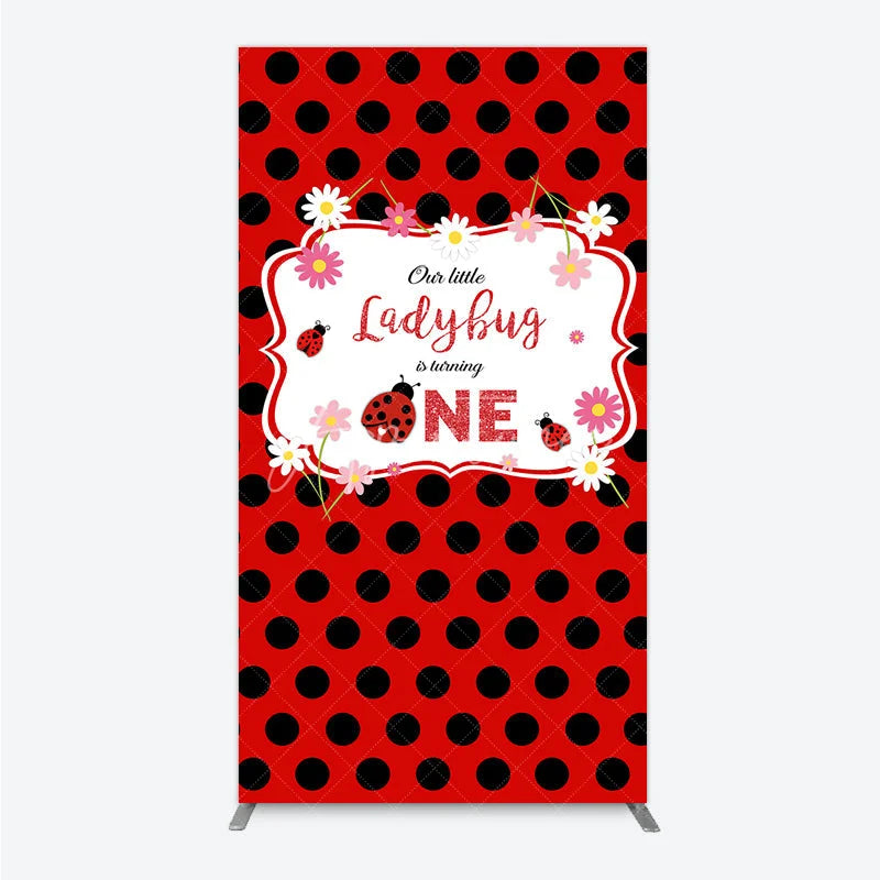 Aperturee - Aperturee Our Little Ladybug is Turning One Rectangle Backdrop Red and Black Polka Dot First Birthday Cute Insect Party Decor