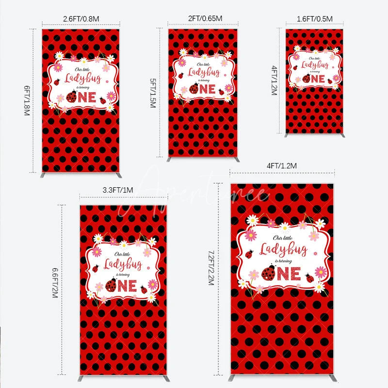 Aperturee - Aperturee Our Little Ladybug is Turning One Rectangle Backdrop Red and Black Polka Dot First Birthday Cute Insect Party Decor