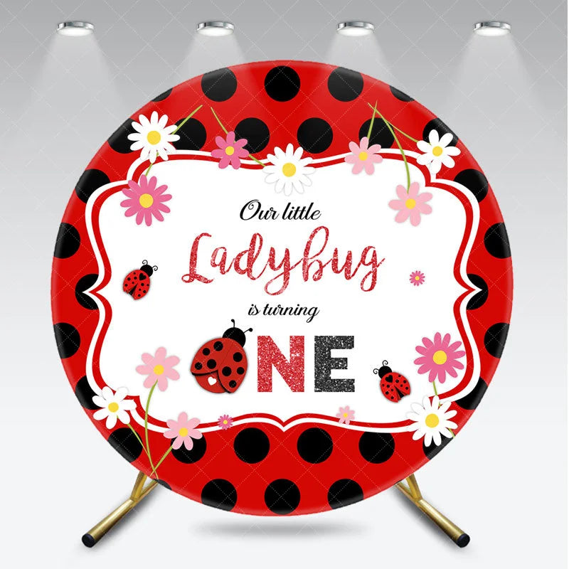 Aperturee - Aperturee Our Little Ladybug is Turning One Round Backdrop Red and Black Polka Dot First Birthday Cute Insect Party Decor