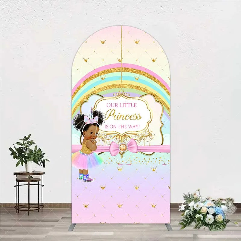 Aperturee - Aperturee Our Little Princess Baby Shower Arch Backdrop Rainbow and Gold Crowns Pink Background African American Girl Party