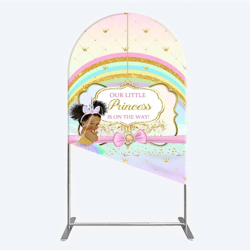 Aperturee - Aperturee Our Little Princess Baby Shower Arch Backdrop Rainbow and Gold Crowns Pink Background African American Girl Party