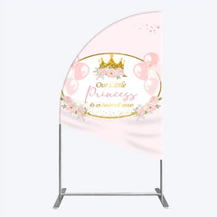 Aperturee - Aperturee Our Little Princess Baby Shower Half Moon Arch Backdrop Pink and Gold Royal Crown with Balloons Girl Party Photo