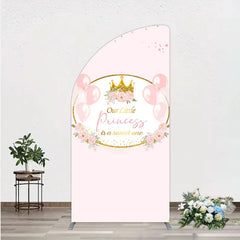Aperturee - Aperturee Our Little Princess Baby Shower Half Moon Arch Backdrop Pink and Gold Royal Crown with Balloons Girl Party Photo
