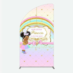 Aperturee - Aperturee Our Little Princess Baby Shower Half Moon Arch Backdrop Rainbow and Gold Crowns Pink Background African American Girl