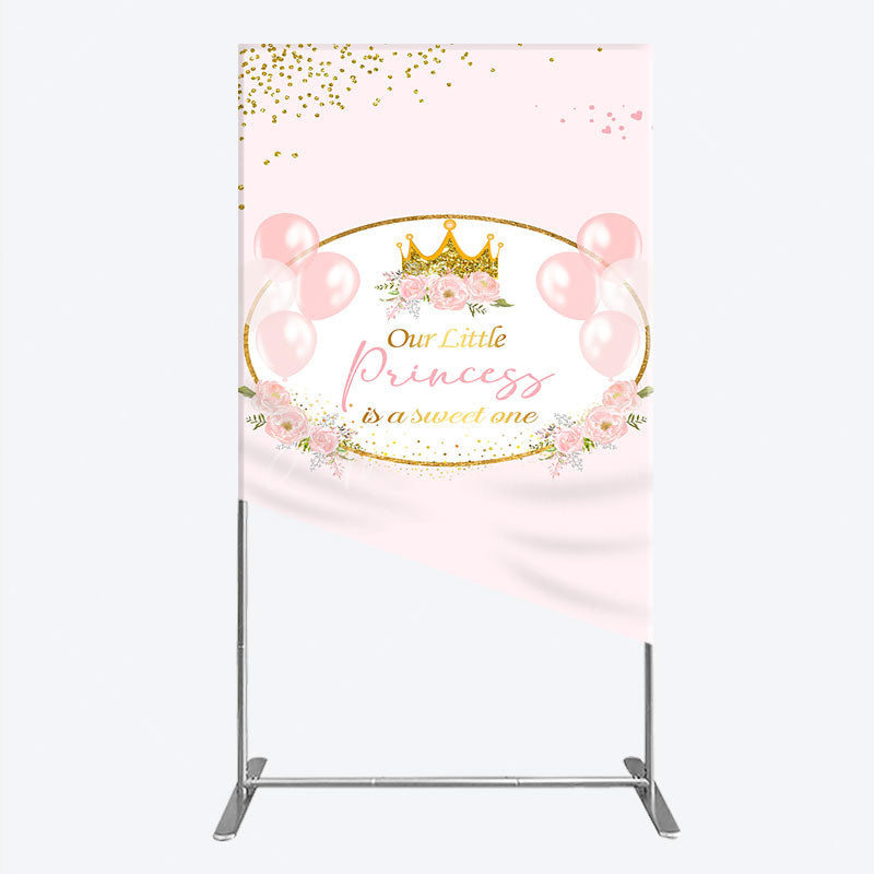 Aperturee - Aperturee Our Little Princess Baby Shower Rectangle Backdrop Pink and Gold Royal Crown with Balloons Girl Party Photo Booth