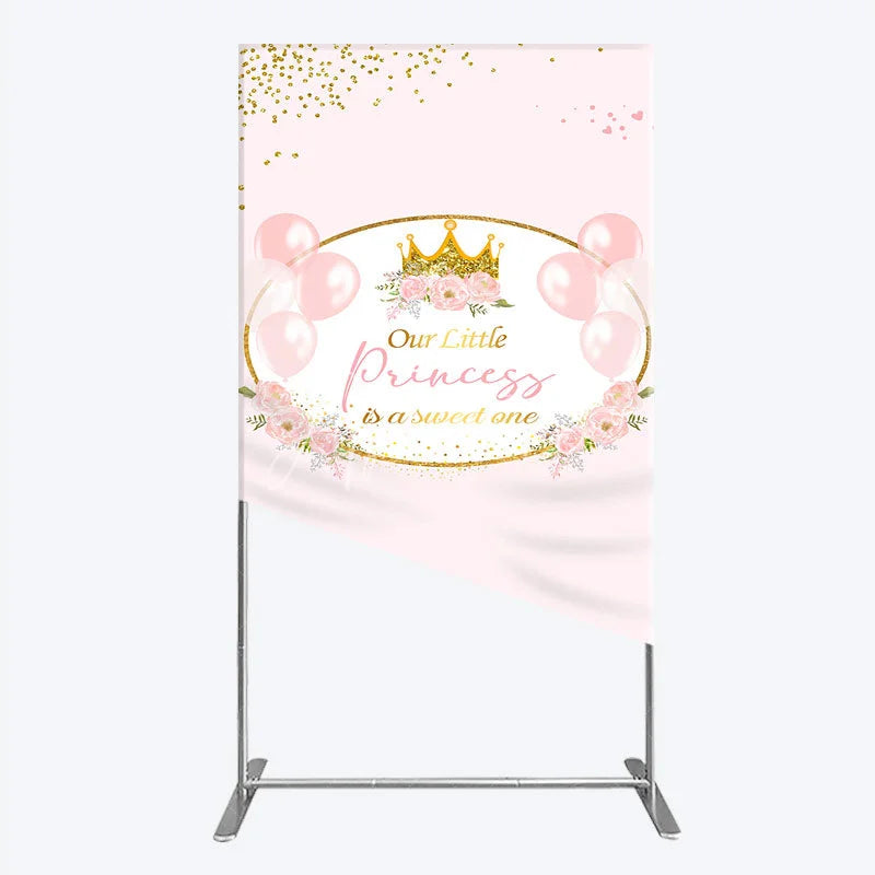 Aperturee - Aperturee Our Little Princess Baby Shower Rectangle Backdrop Pink and Gold Royal Crown with Balloons Girl Party Photo Booth