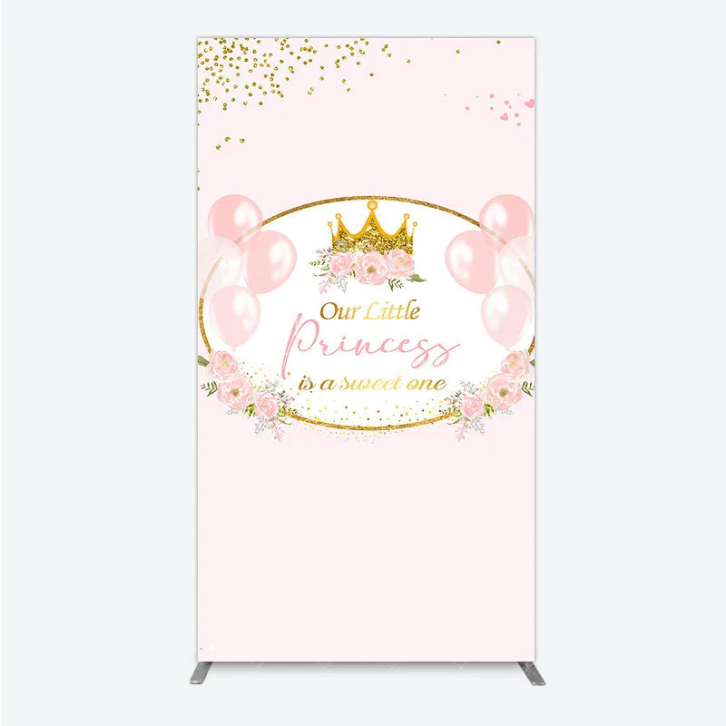 Aperturee - Aperturee Our Little Princess Baby Shower Rectangle Backdrop Pink and Gold Royal Crown with Balloons Girl Party Photo Booth