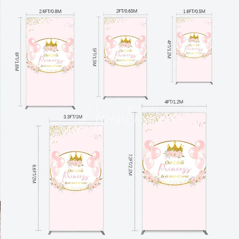 Aperturee - Aperturee Our Little Princess Baby Shower Rectangle Backdrop Pink and Gold Royal Crown with Balloons Girl Party Photo Booth