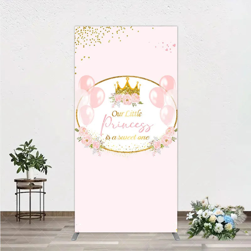 Aperturee - Aperturee Our Little Princess Baby Shower Rectangle Backdrop Pink and Gold Royal Crown with Balloons Girl Party Photo Booth