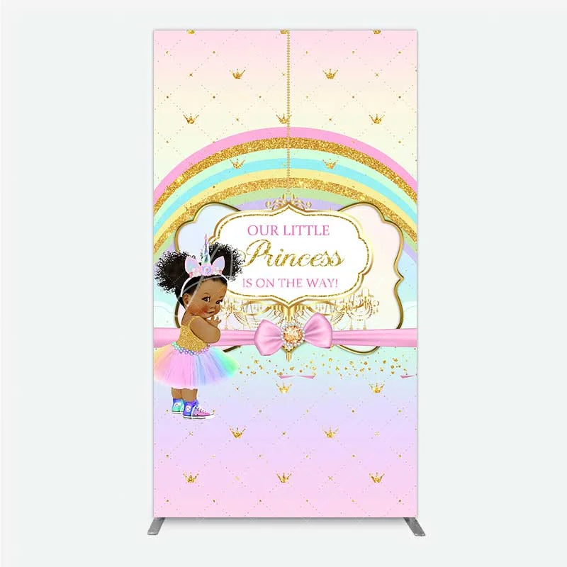 Aperturee - Aperturee Our Little Princess Baby Shower Rectangle Backdrop Rainbow and Gold Crowns Pink Background African American Girl