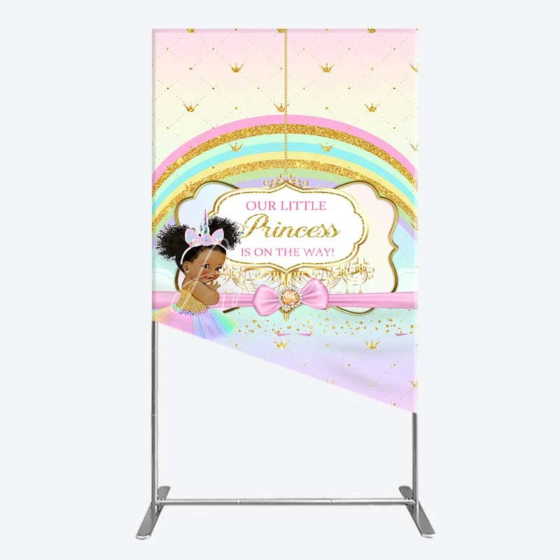 Aperturee - Aperturee Our Little Princess Baby Shower Rectangle Backdrop Rainbow and Gold Crowns Pink Background African American Girl