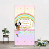 Aperturee - Aperturee Our Little Princess Baby Shower Rectangle Backdrop Rainbow and Gold Crowns Pink Background African American Girl