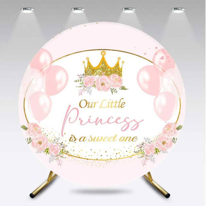 Aperturee - Aperturee Our Little Princess is a Sweet One Round Backdrop Pink and Gold Crown Royal Themed Girl Baby Shower Decor