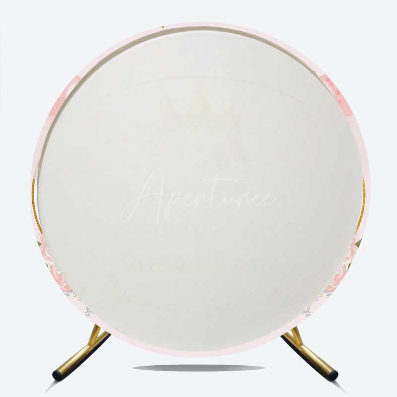 Aperturee - Aperturee Our Little Princess is a Sweet One Round Backdrop Pink and Gold Crown Royal Themed Girl Baby Shower Decor