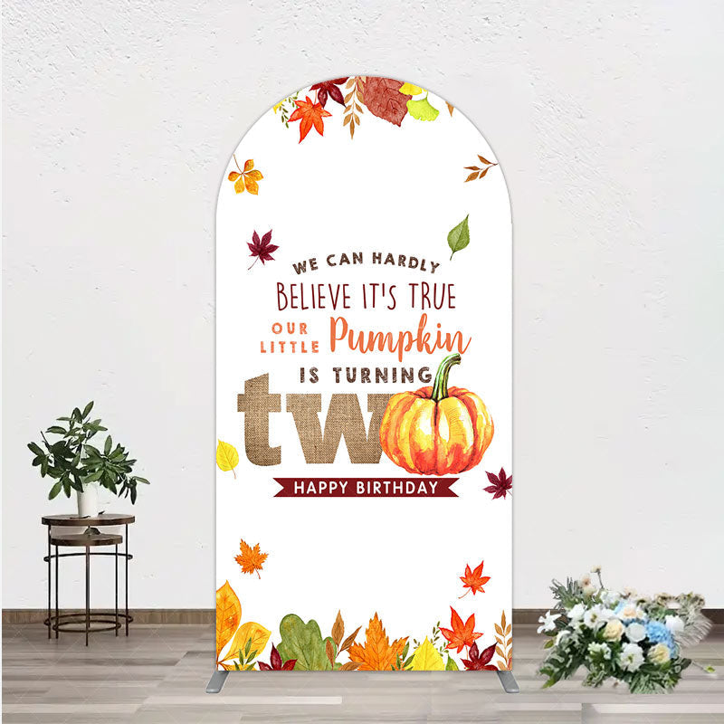 Aperturee - Aperturee Our Little Pumpkin is Turning Two Arch Backdrop Fall Autumn Leaves 2nd Birthday Rustic Party Photo Booth Decor