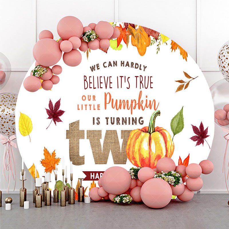 Aperturee - Aperturee Our Little Pumpkin is Turning Two Birthday Round Backdrop Autumn Leaves and Pumpkins Fall Bday Party Photo Prop
