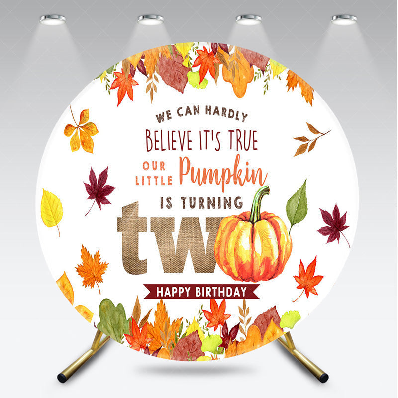 Aperturee - Aperturee Our Little Pumpkin is Turning Two Birthday Round Backdrop Autumn Leaves and Pumpkins Fall Bday Party Photo Prop