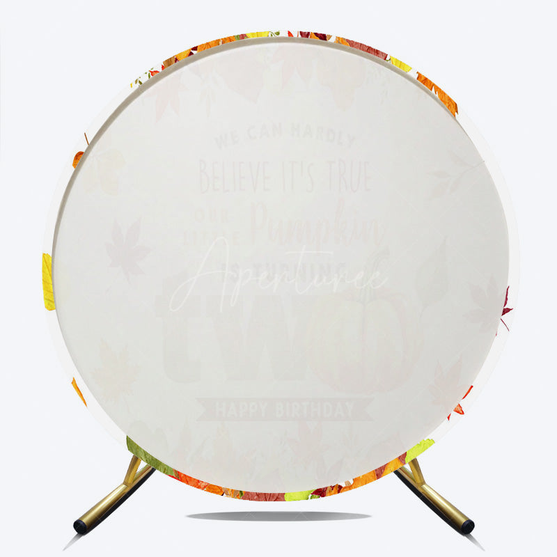 Aperturee - Aperturee Our Little Pumpkin is Turning Two Birthday Round Backdrop Autumn Leaves and Pumpkins Fall Bday Party Photo Prop