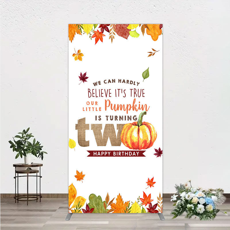 Aperturee - Aperturee Our Little Pumpkin is Turning Two Rectangle Backdrop Fall Autumn Leaves 2nd Birthday Rustic Party Photo Booth Decor