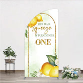 Aperturee - Aperturee Our Main Squeeze is Turning One Half Moon Arch Backdrop Lemon Themed First Birthday Summer Citrus Party Photo Prop