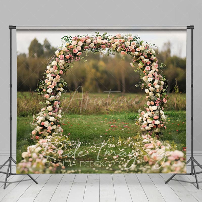 Aperturee - Aperturee Outdoor Floral Arch Grassland Wedding Photo Backdrop