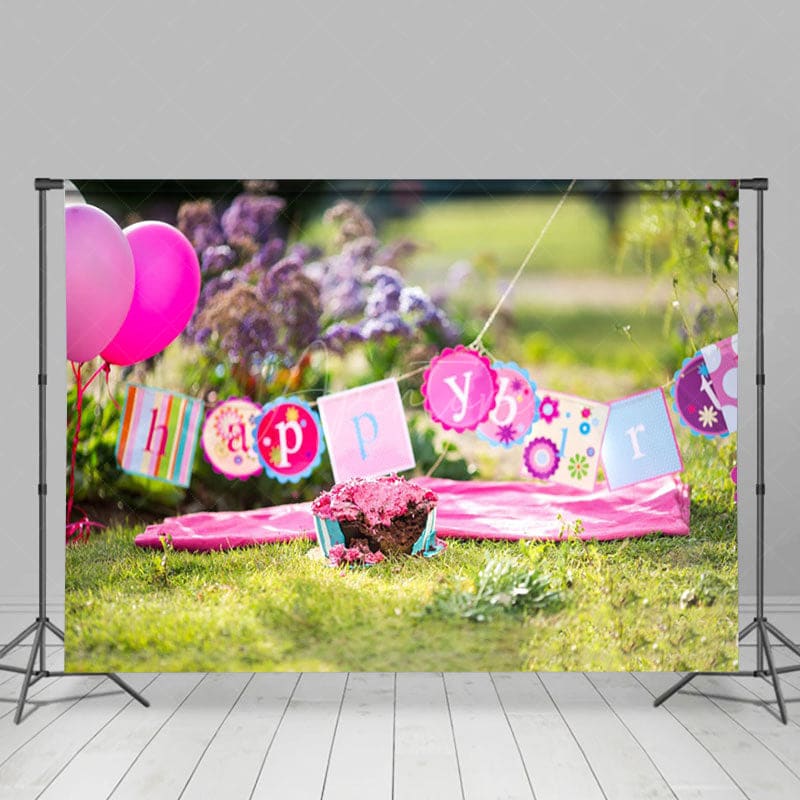 Aperturee - Aperturee Outdoor Grass Floral Birthday Cake Smash Backdrop