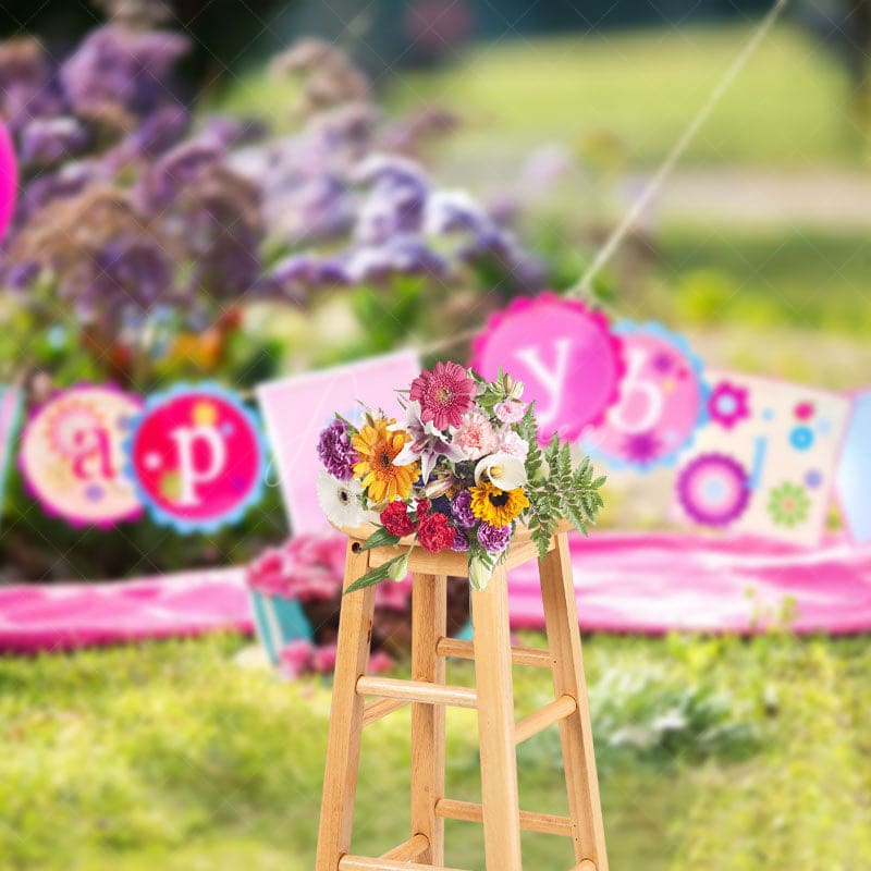 Aperturee - Aperturee Outdoor Grass Floral Birthday Cake Smash Backdrop