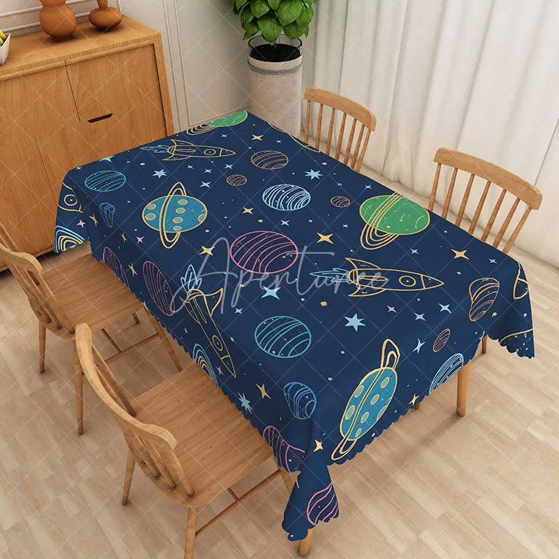 Aperturee - Aperturee Outer Space Planet Rectangle Tablecloth Cartoon Rocket Universe Table Cover Kids Birthday Party Decor
