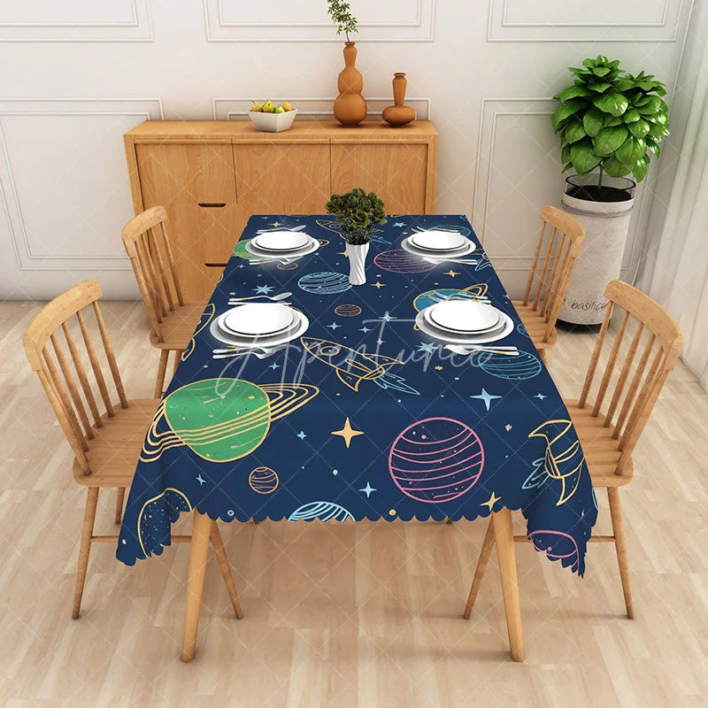 Aperturee - Aperturee Outer Space Planet Rectangle Tablecloth Cartoon Rocket Universe Table Cover Kids Birthday Party Decor