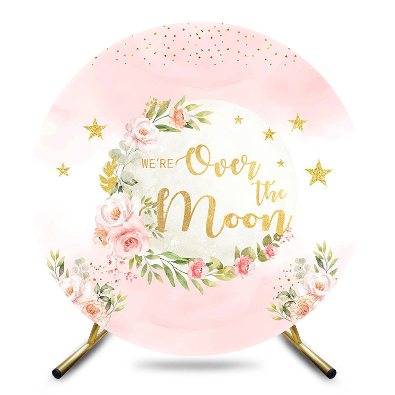 Aperturee - Aperturee Over The Moon Pink Gold Stars Floral Round Backdrop