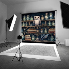 Aperturee - Aperturee Owl in Apothecary Photography Backdrop Magical Wizard Shelf with Jars Fantasy Themed Photo Shoots