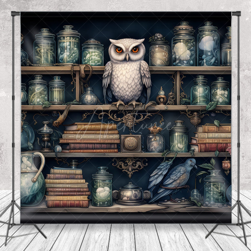 Aperturee - Aperturee Owl in Apothecary Photography Backdrop Magical Wizard Shelf with Jars Fantasy Themed Photo Shoots