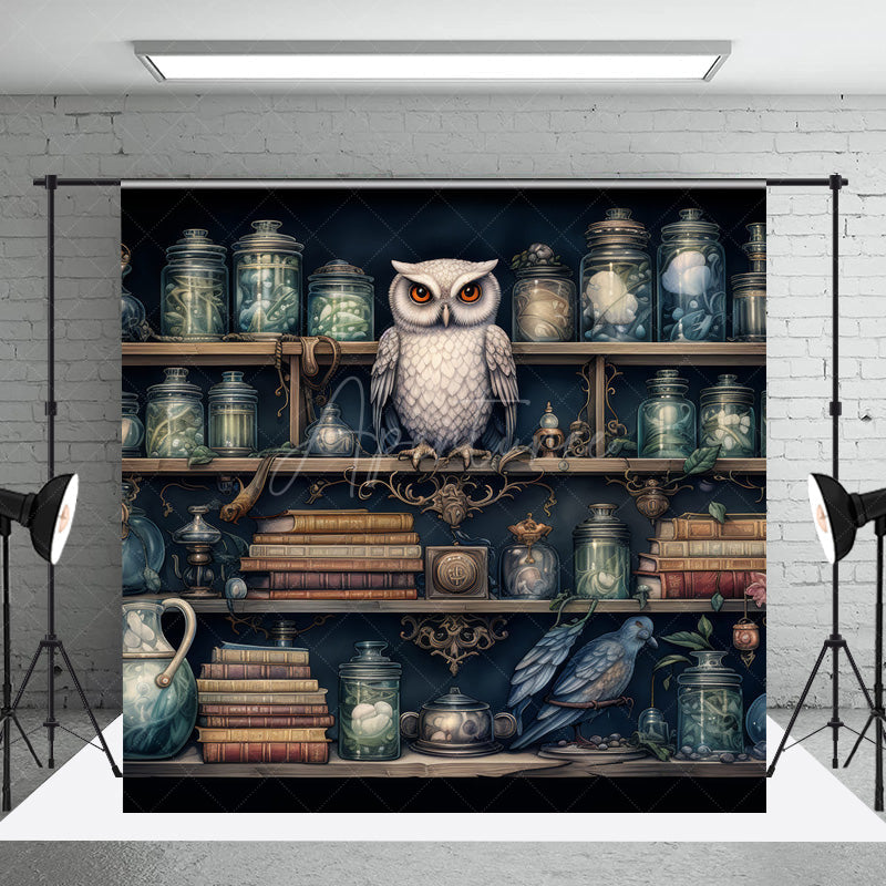 Aperturee - Aperturee Owl in Apothecary Photography Backdrop Magical Wizard Shelf with Jars Fantasy Themed Photo Shoots