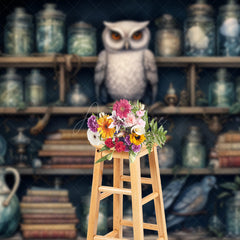 Aperturee - Aperturee Owl in Apothecary Photography Backdrop Magical Wizard Shelf with Jars Fantasy Themed Photo Shoots