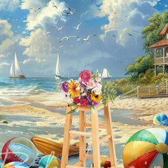 Aperturee - Aperturee Painted Blue Sky Sandy Beach Summer Photo Backdrop