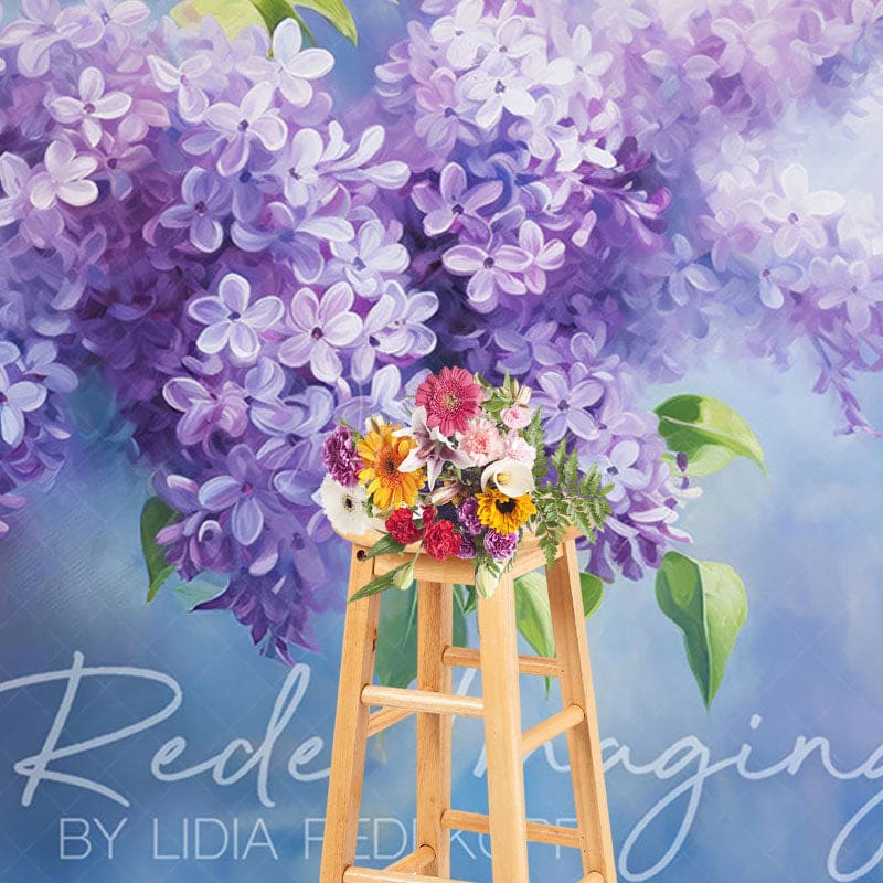 Aperturee - Aperturee Painted Blue Wall Soft Lilacs Floral Photo Backdrop
