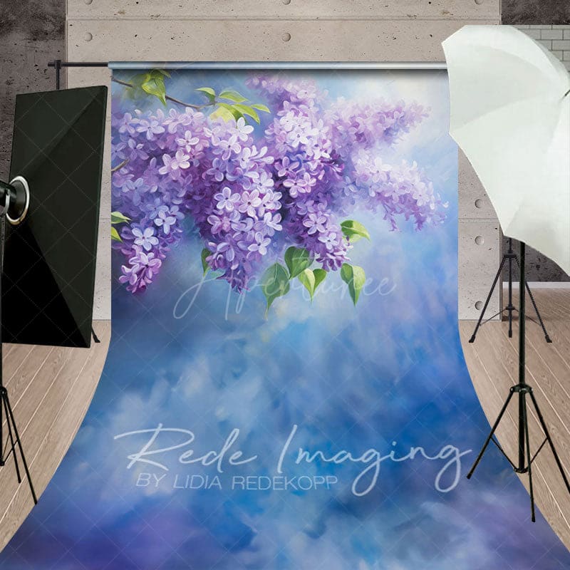 Aperturee - Aperturee Painted Blue Wall Soft Lilacs Floral Sweep Backdrop