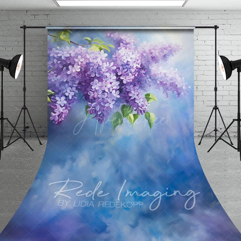 Aperturee - Aperturee Painted Blue Wall Soft Lilacs Floral Sweep Backdrop