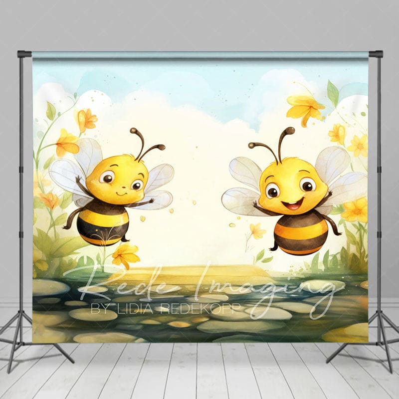 Aperturee - Aperturee Painted Bumblebees Daffodils Cake Smash Backdrop