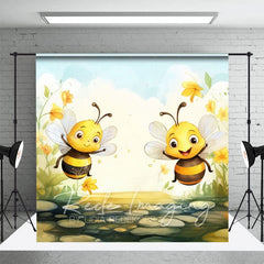 Aperturee - Aperturee Painted Bumblebees Daffodils Cake Smash Backdrop